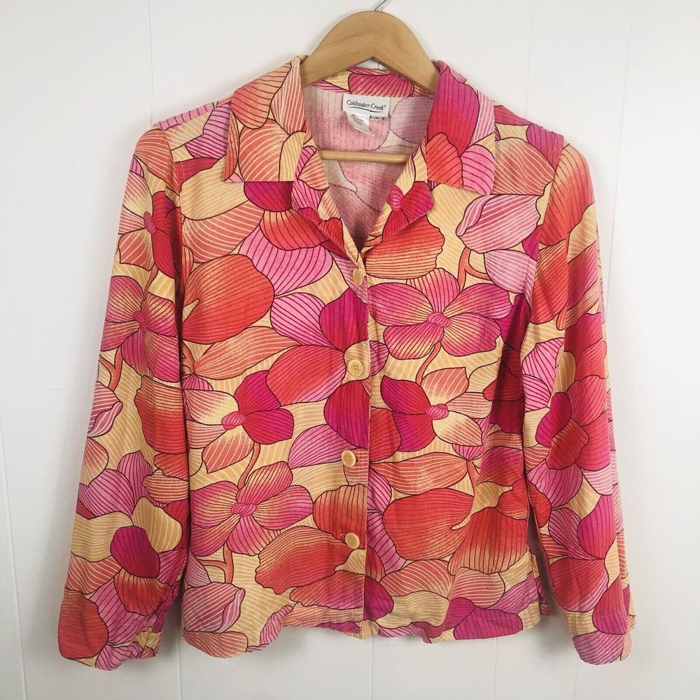 Coldwater Creek Medium Linen Blend Pink Colorful Floral Shirt Jacket Shacket